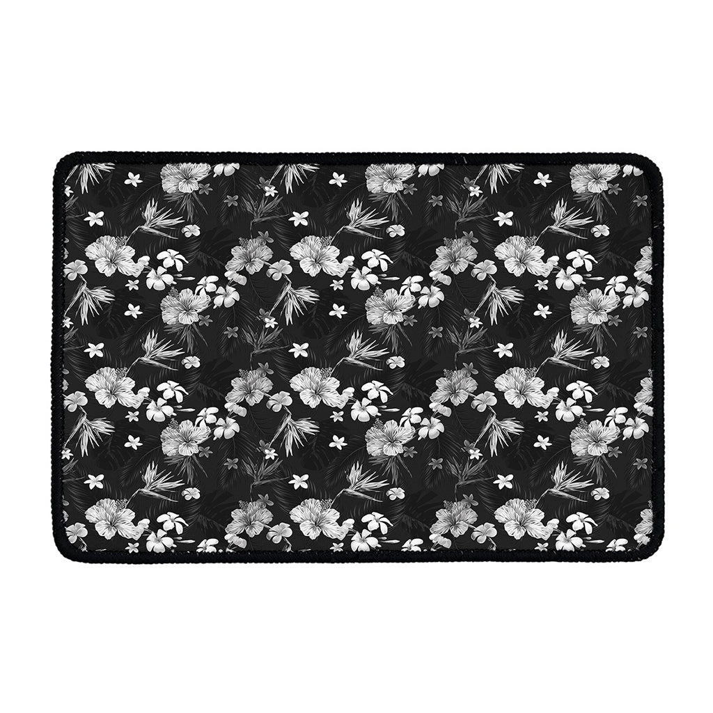 Monochrome Hawaiian Floral Print Kitchen Mat