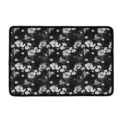 Monochrome Hawaiian Floral Print Kitchen Mat
