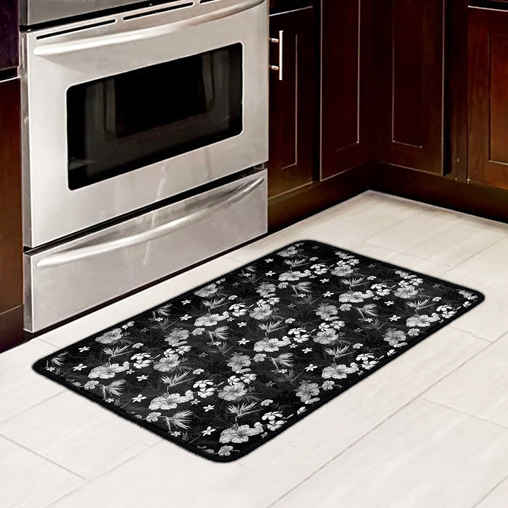 Monochrome Hawaiian Floral Print Kitchen Mat
