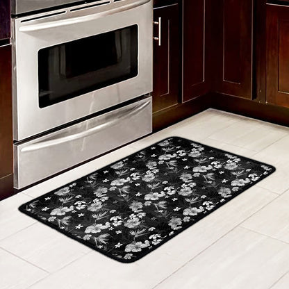 Monochrome Hawaiian Floral Print Kitchen Mat