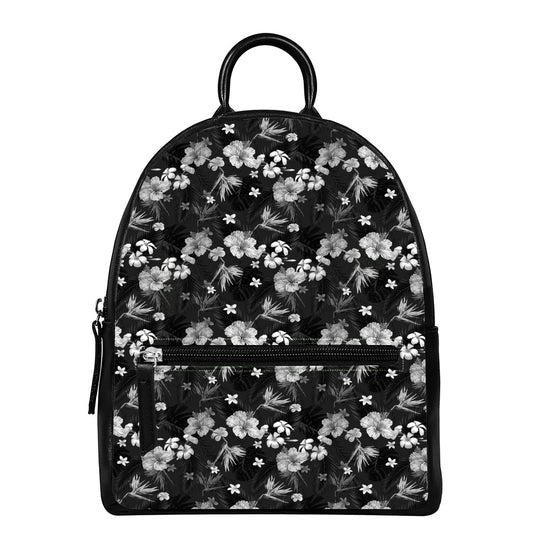 Monochrome Hawaiian Floral Print Leather Backpack