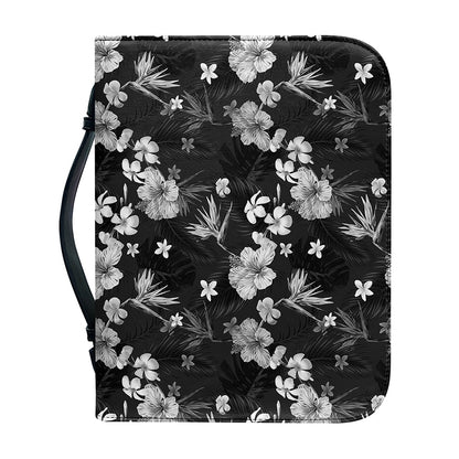Monochrome Hawaiian Floral Print Leather Bible Cover