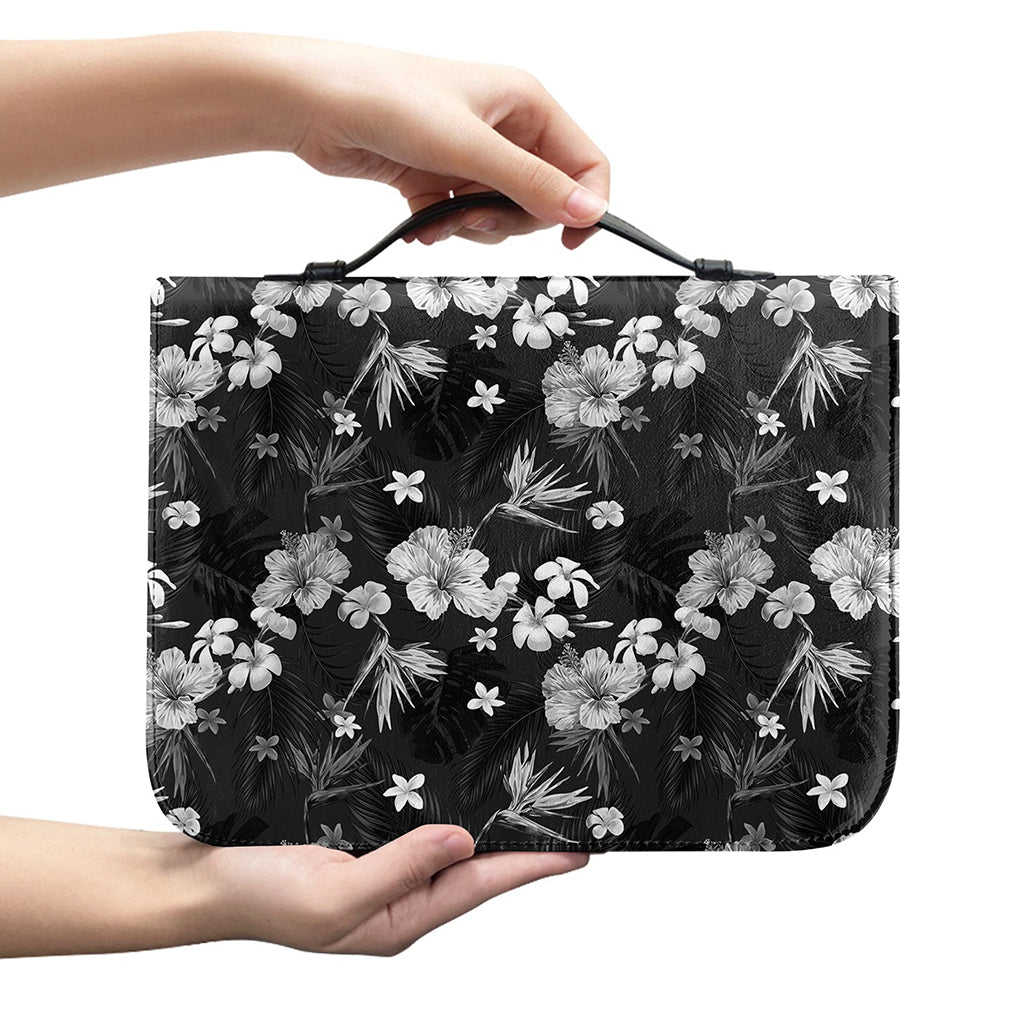 Monochrome Hawaiian Floral Print Leather Bible Cover