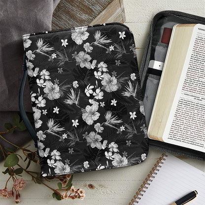 Monochrome Hawaiian Floral Print Leather Bible Cover