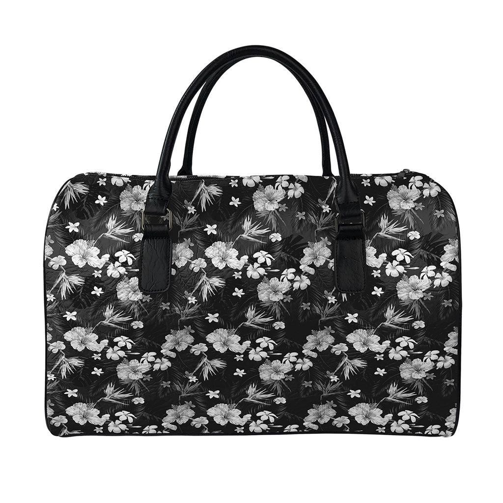 Monochrome Hawaiian Floral Print Leather Duffle Bag