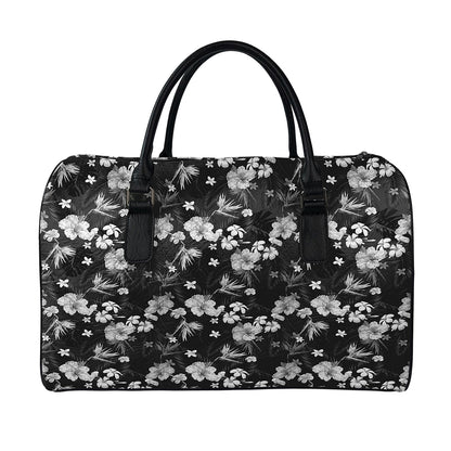Monochrome Hawaiian Floral Print Leather Duffle Bag