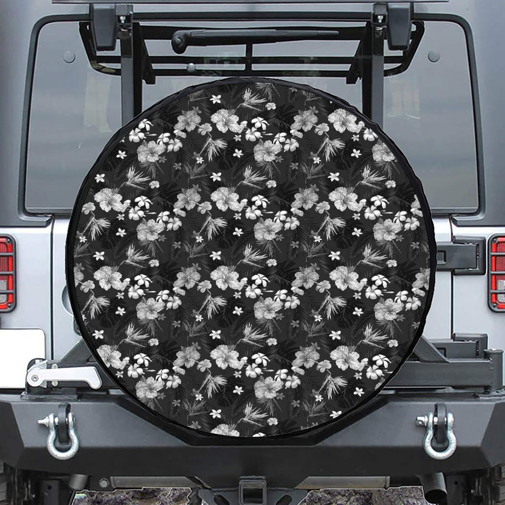 Monochrome Hawaiian Floral Print Leather Spare Tire Cover