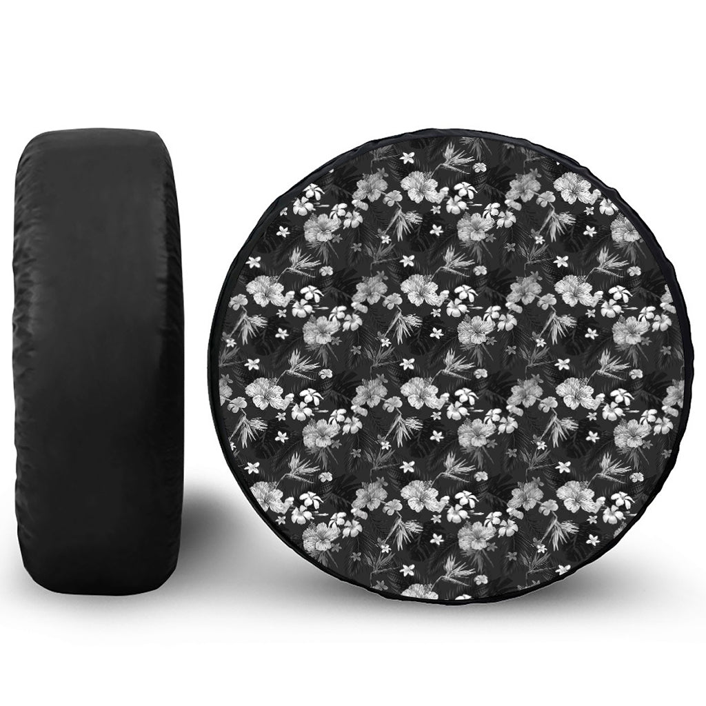 Monochrome Hawaiian Floral Print Leather Spare Tire Cover