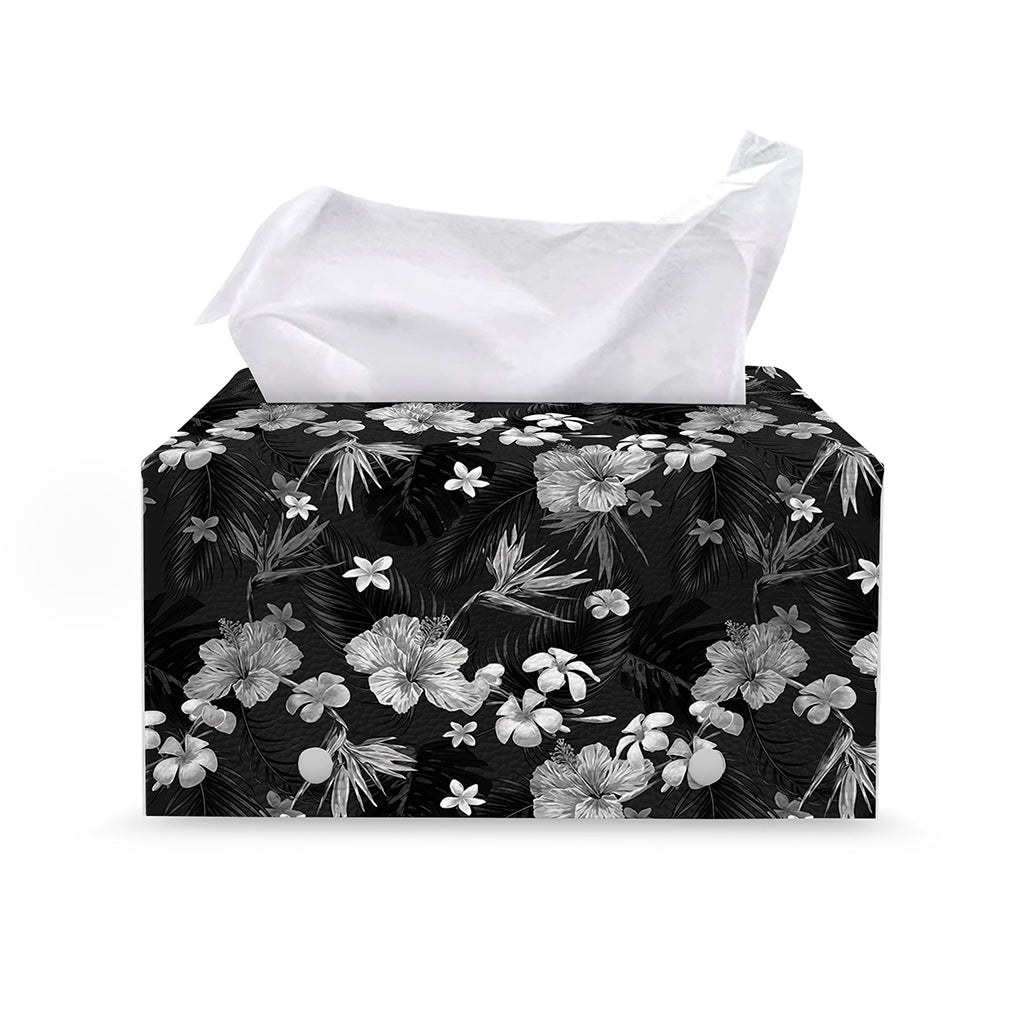 Monochrome Hawaiian Floral Print Leather Tissue Box Cover