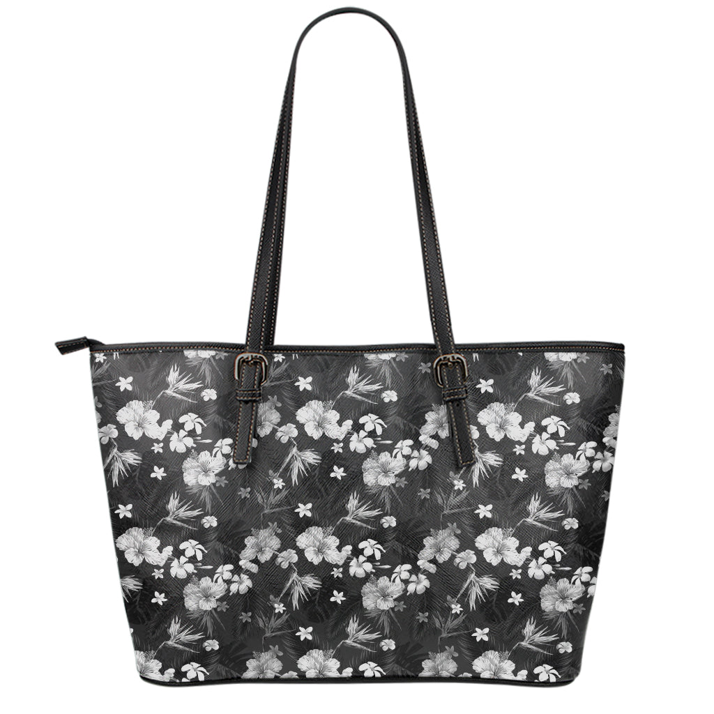 Monochrome Hawaiian Floral Print Leather Tote Bag