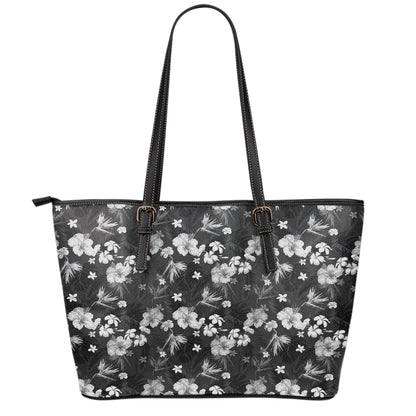Monochrome Hawaiian Floral Print Leather Tote Bag