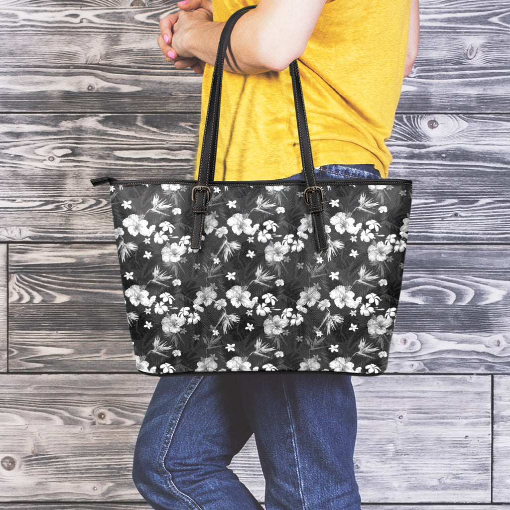 Monochrome Hawaiian Floral Print Leather Tote Bag