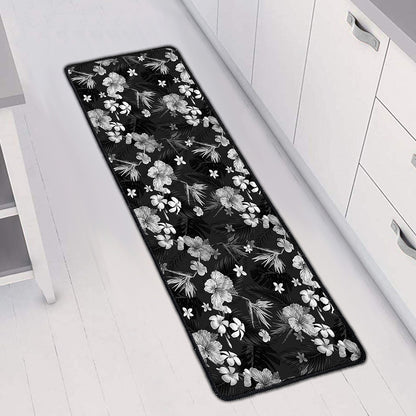 Monochrome Hawaiian Floral Print Long Kitchen Mat