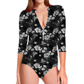 Monochrome Hawaiian Floral Print Long Sleeve Swimsuit