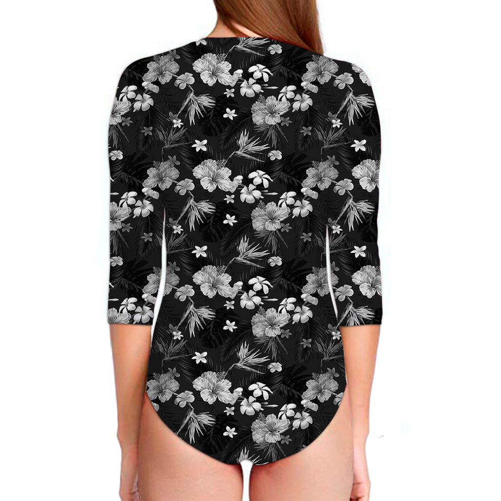 Monochrome Hawaiian Floral Print Long Sleeve Swimsuit