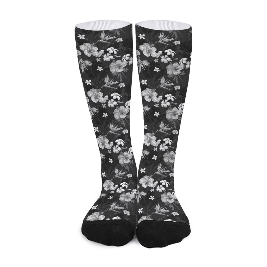 Monochrome Hawaiian Floral Print Long Socks