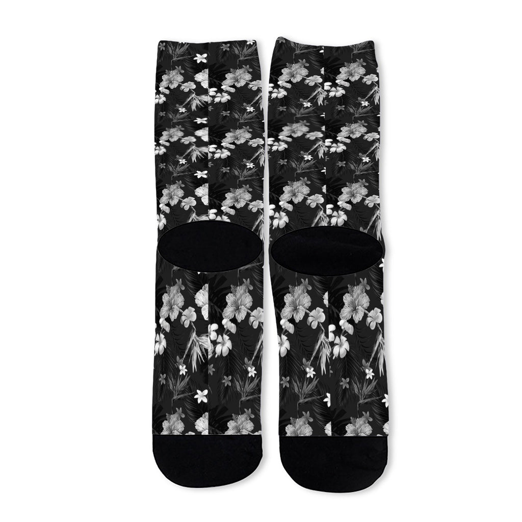 Monochrome Hawaiian Floral Print Long Socks