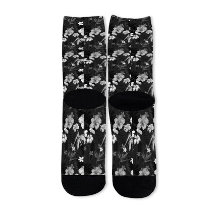 Monochrome Hawaiian Floral Print Long Socks