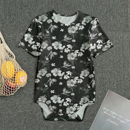 Monochrome Hawaiian Floral Print Men's Bodysuit