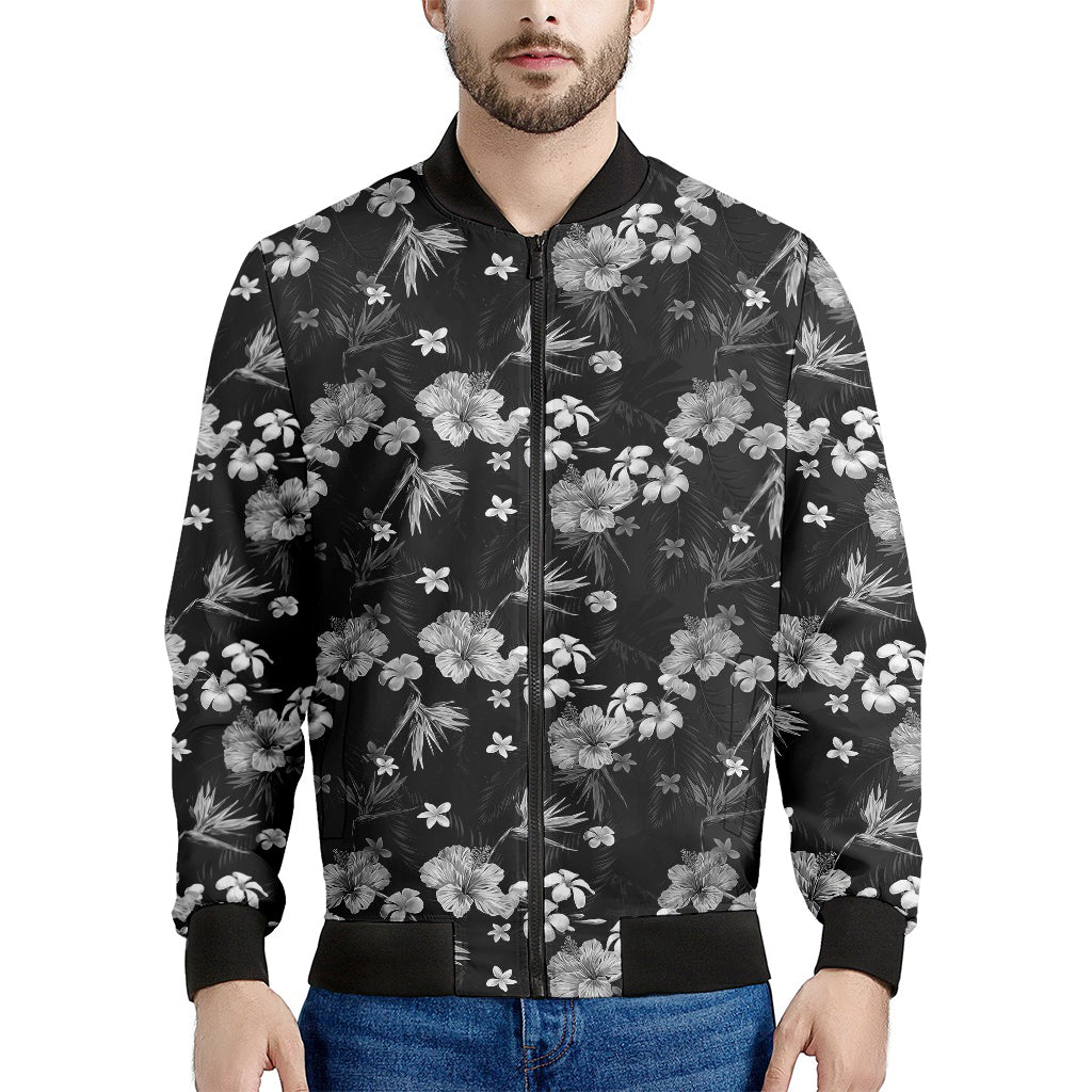 Monochrome Hawaiian Floral Print Men's Bomber Jacket
