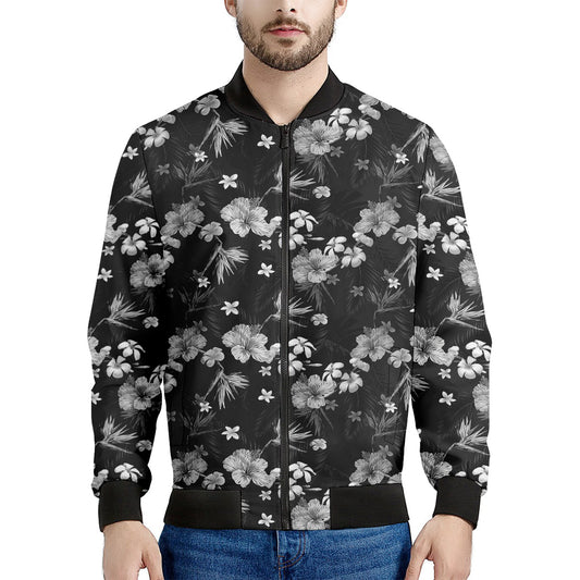 Monochrome Hawaiian Floral Print Men's Bomber Jacket