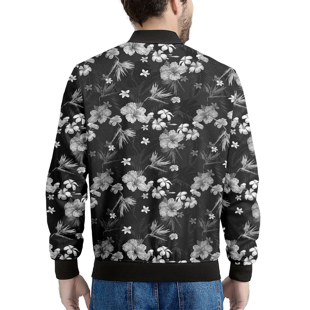 Monochrome Hawaiian Floral Print Men's Bomber Jacket