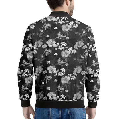 Monochrome Hawaiian Floral Print Men's Bomber Jacket