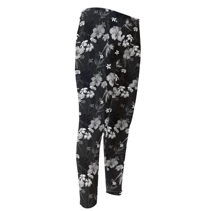 Monochrome Hawaiian Floral Print Men's Compression Pants