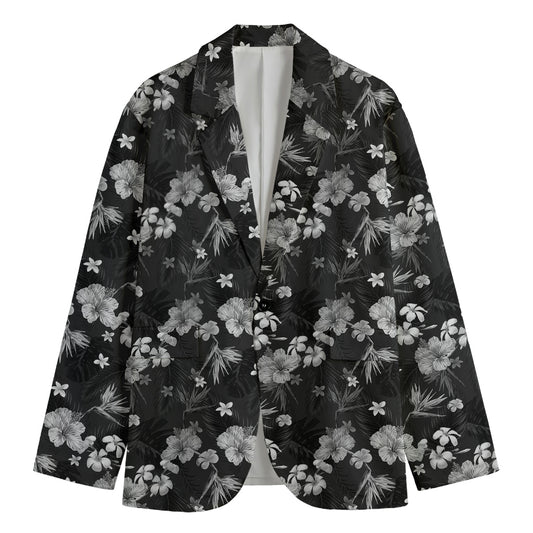 Monochrome Hawaiian Floral Print Men's Cotton Blazer