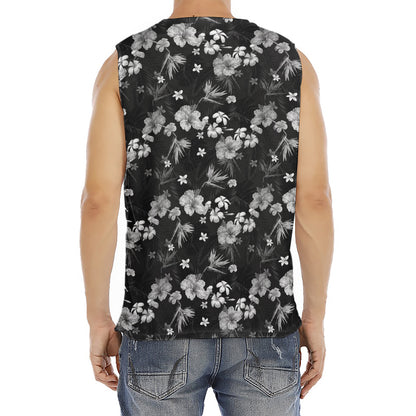 Monochrome Hawaiian Floral Print Men's Fitness Tank Top