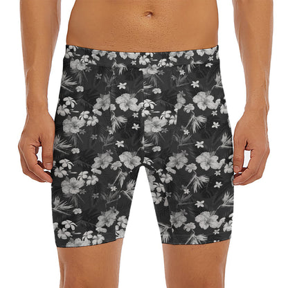 Monochrome Hawaiian Floral Print Men's Long Boxer Briefs