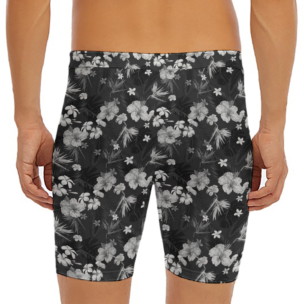 Monochrome Hawaiian Floral Print Men's Long Boxer Briefs