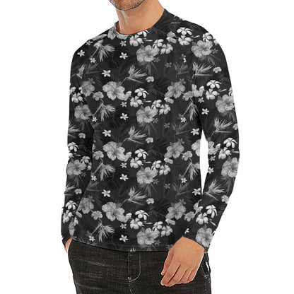Monochrome Hawaiian Floral Print Men's Long Sleeve Rash Guard
