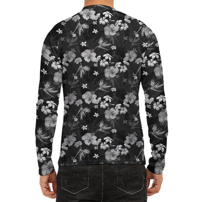 Monochrome Hawaiian Floral Print Men's Long Sleeve Rash Guard