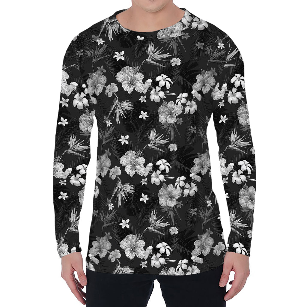Monochrome Hawaiian Floral Print Men's Long Sleeve T-Shirt