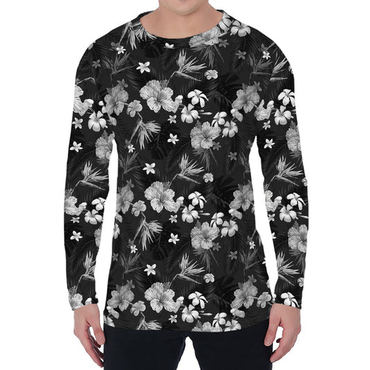 Monochrome Hawaiian Floral Print Men's Long Sleeve T-Shirt