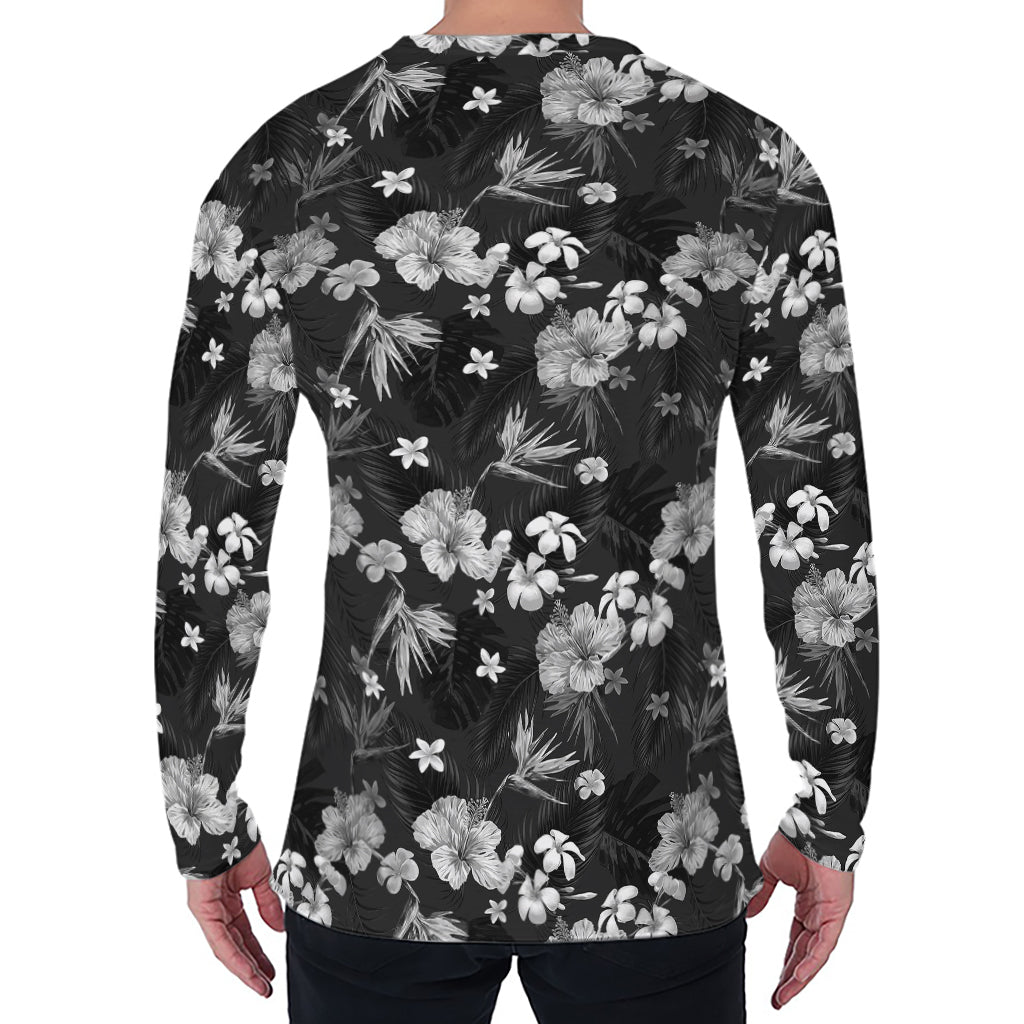 Monochrome Hawaiian Floral Print Men's Long Sleeve T-Shirt