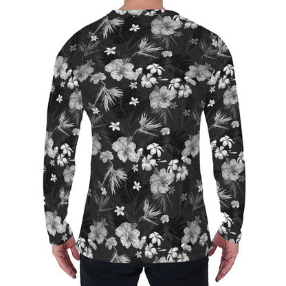 Monochrome Hawaiian Floral Print Men's Long Sleeve T-Shirt