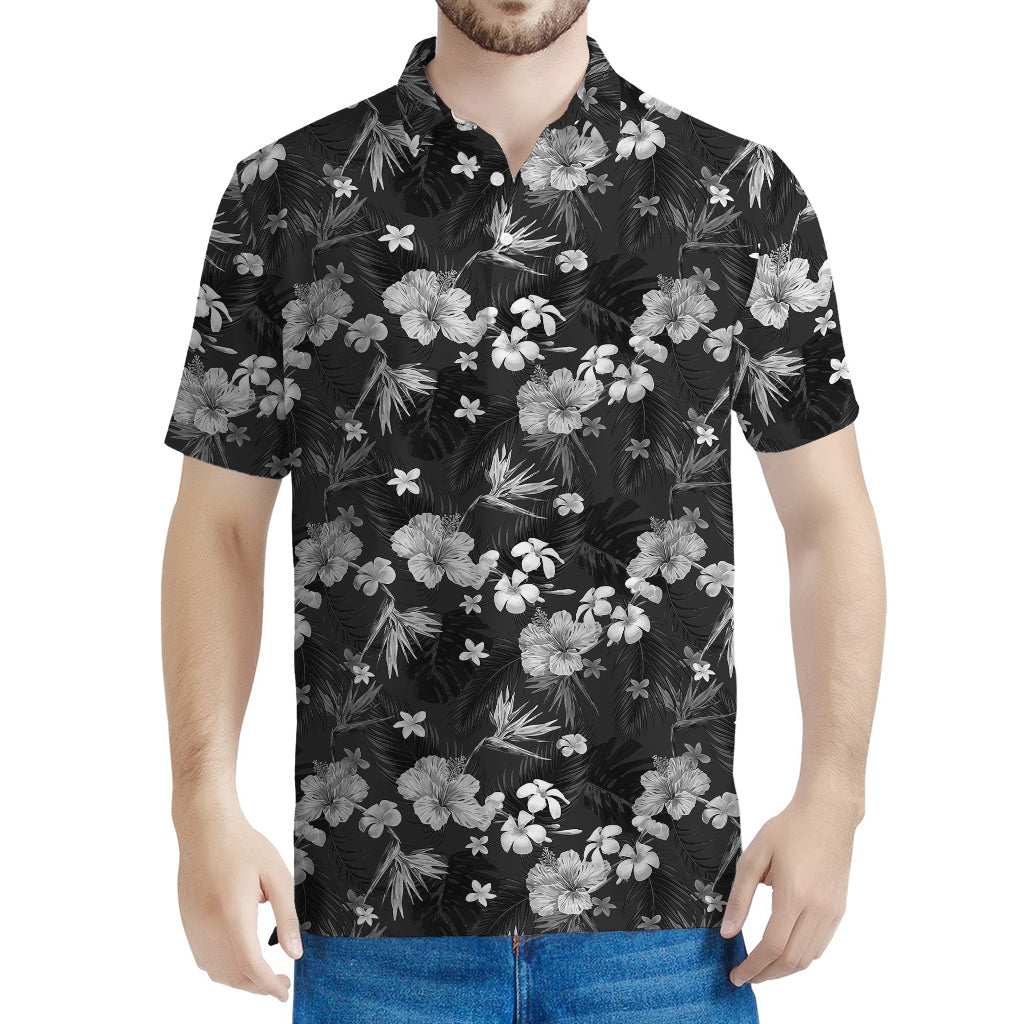 Monochrome Hawaiian Floral Print Men's Polo Shirt