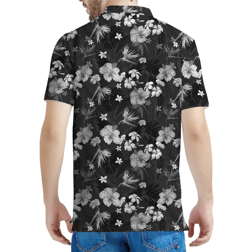 Monochrome Hawaiian Floral Print Men's Polo Shirt