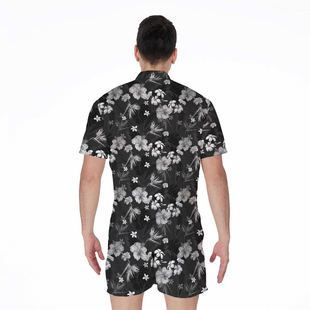 Monochrome Hawaiian Floral Print Men's Rompers