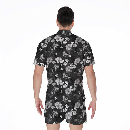 Monochrome Hawaiian Floral Print Men's Rompers