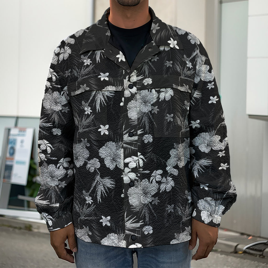 Monochrome Hawaiian Floral Print Men's Shirt Jacket