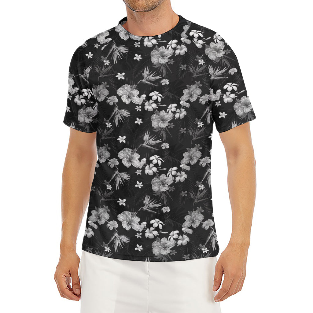 Monochrome Hawaiian Floral Print Men's Short Sleeve Rash Guard