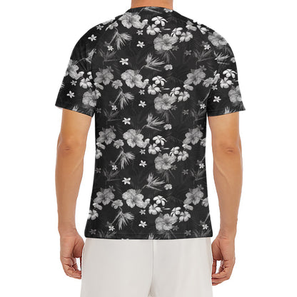 Monochrome Hawaiian Floral Print Men's Short Sleeve Rash Guard
