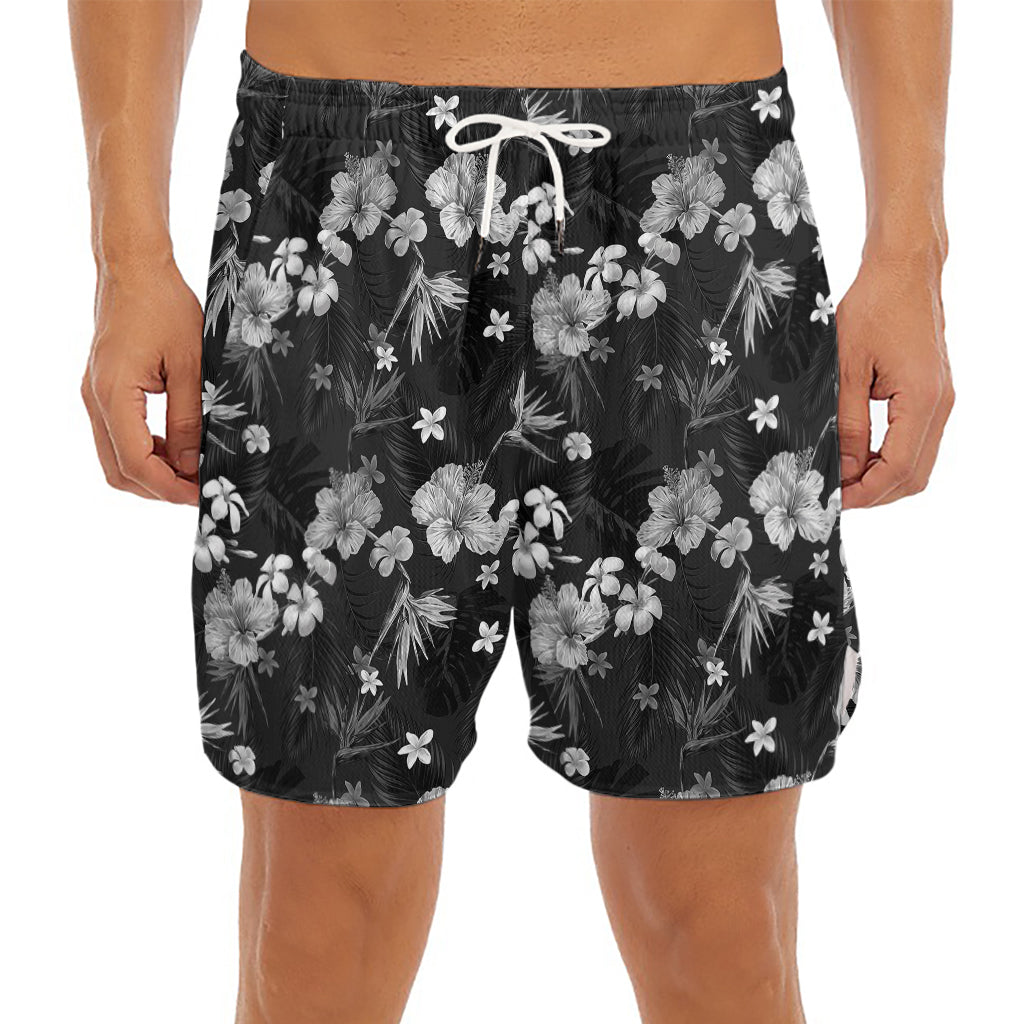 Monochrome Hawaiian Floral Print Men's Split Running Shorts