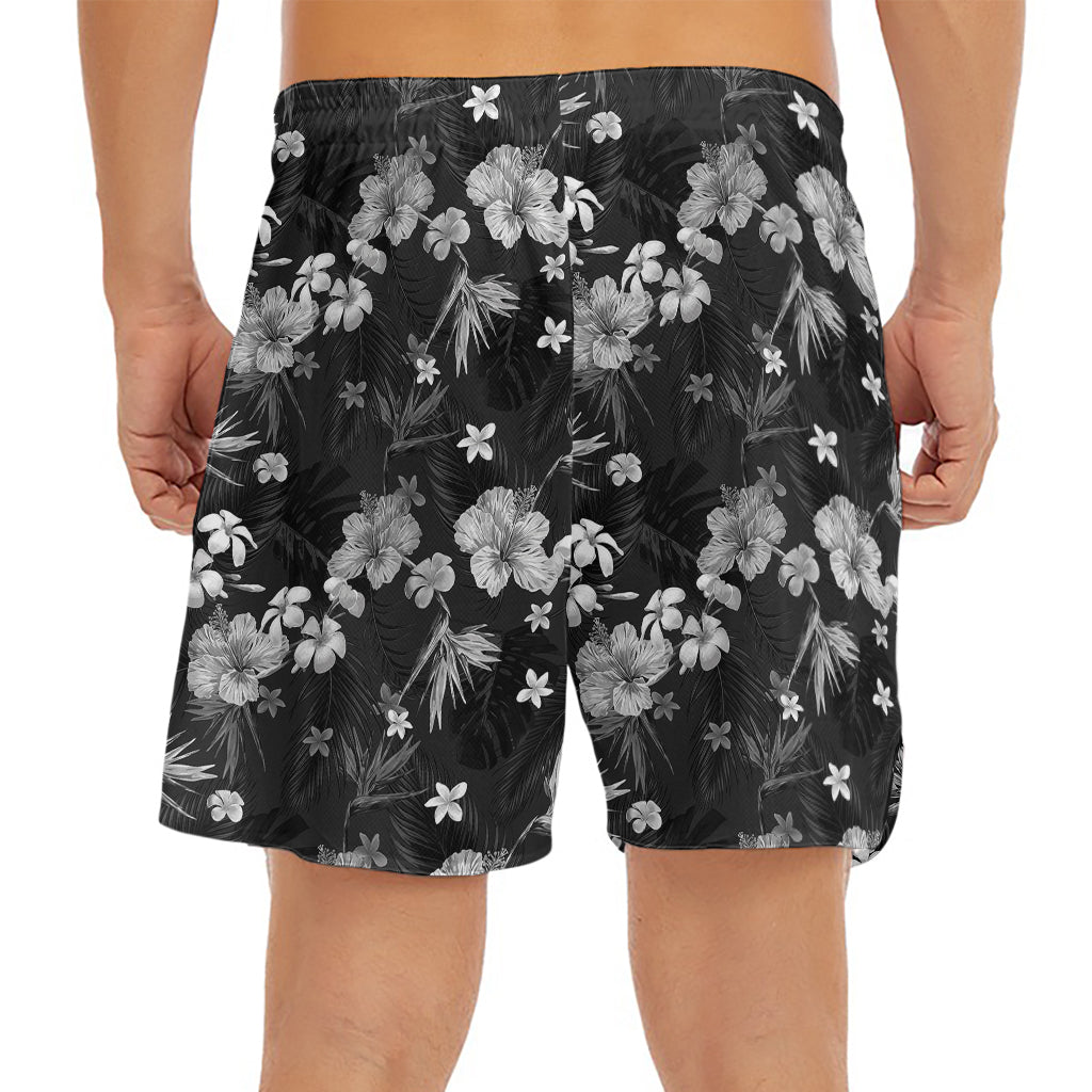 Monochrome Hawaiian Floral Print Men's Split Running Shorts