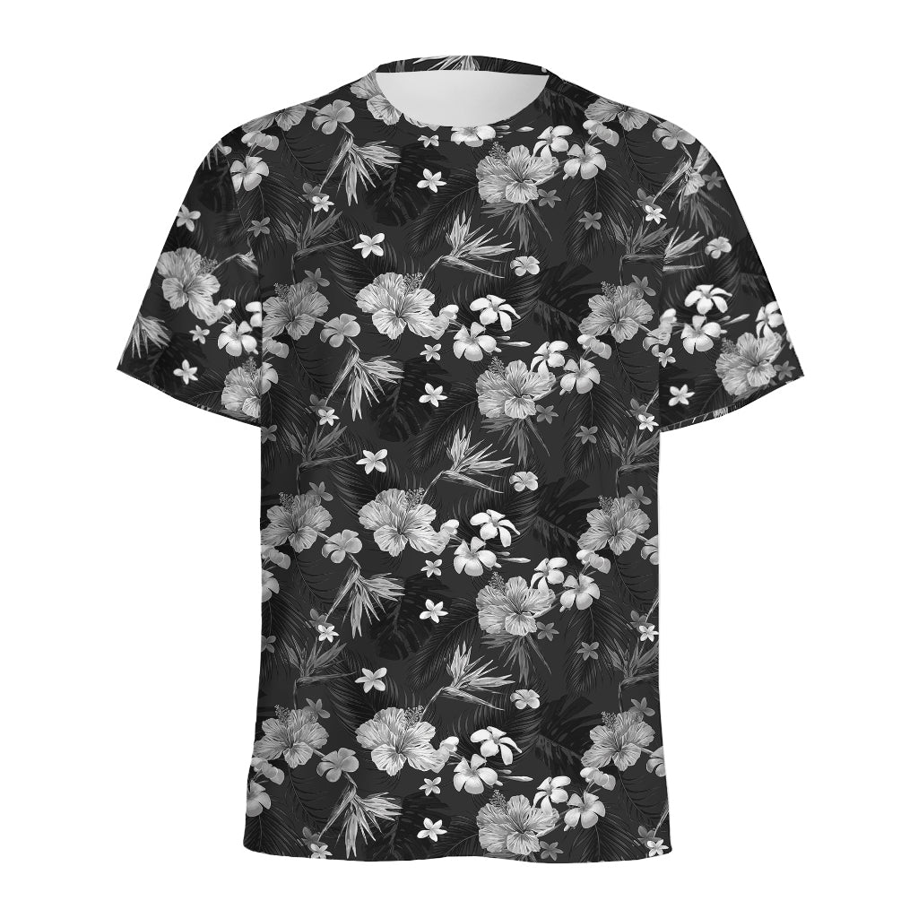Monochrome Hawaiian Floral Print Men's Sports T-Shirt