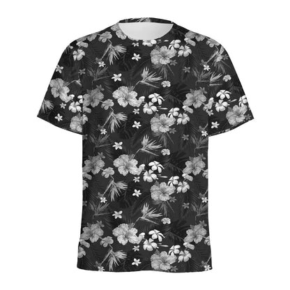 Monochrome Hawaiian Floral Print Men's Sports T-Shirt