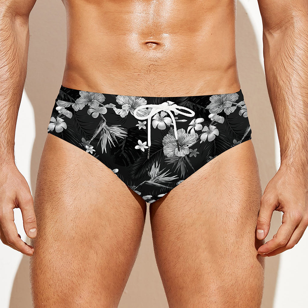 Monochrome Hawaiian Floral Print Men's Swim Briefs